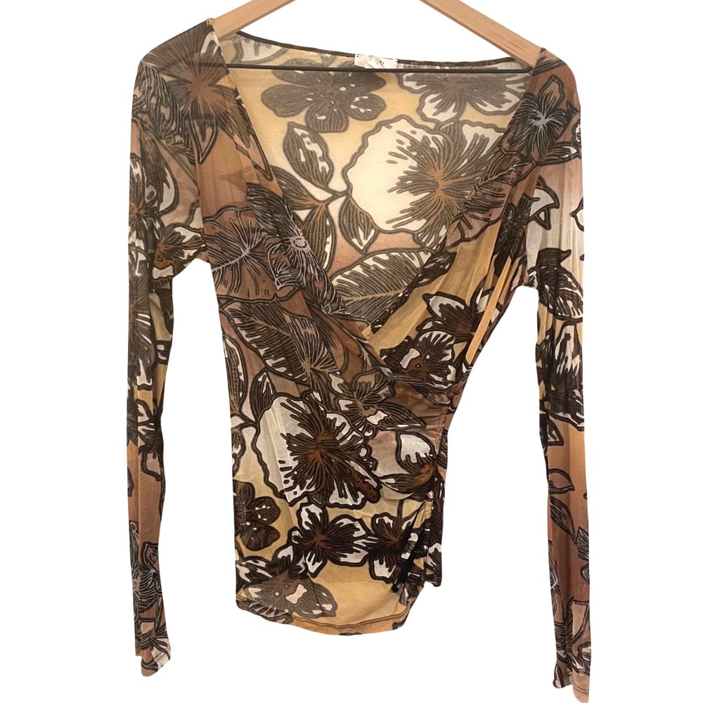 Cache Vintage Y2K Sheer Mesh Floral Wrap Top Long Sleeve Brown Tan V-Neck Large